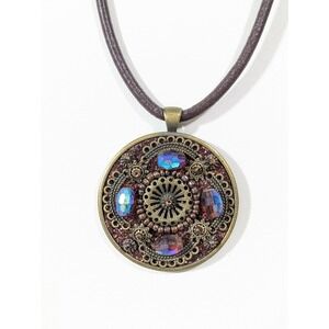 Cookie Lee Bronze Tone Round Medallion Rhinestone Brown leather Necklace Boho